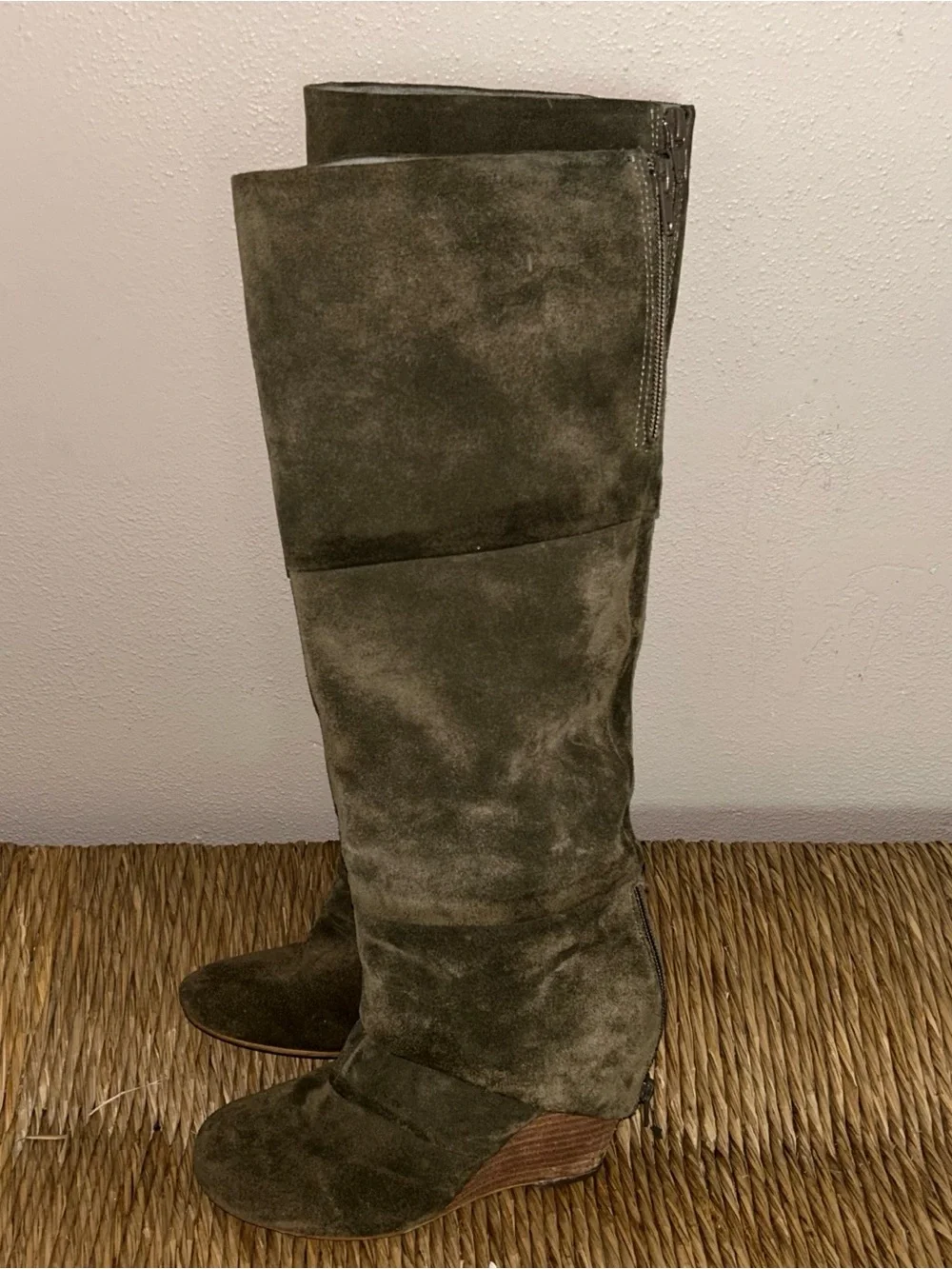 Fergie y2k Olive Green fold over Suede Over-the-Knee Wedge Boots